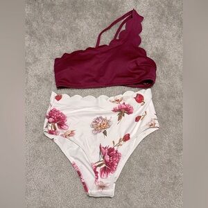 Cupshe Burgundy and Floral Bikini Set